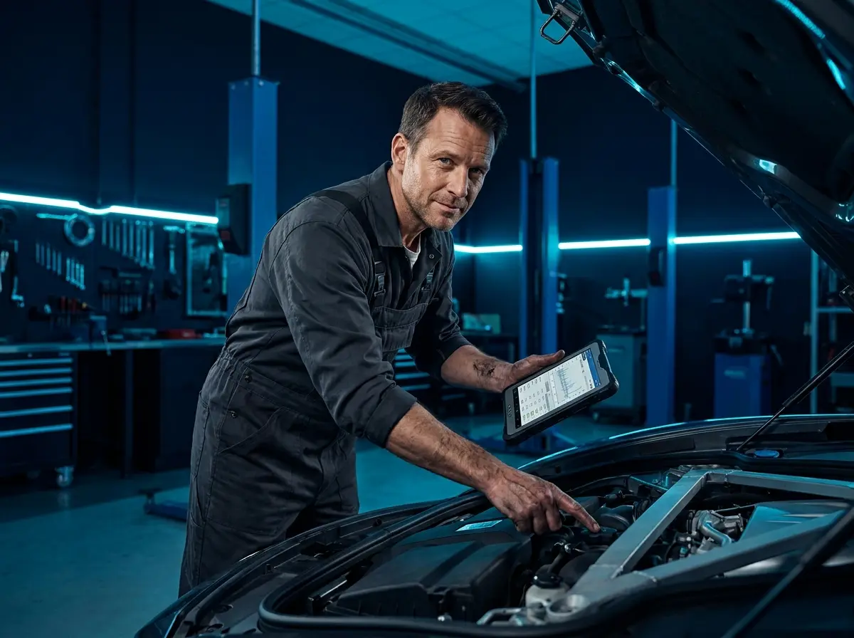 Kfz-Meister von GE E-Car bei der Arbeit am Fahrzeug